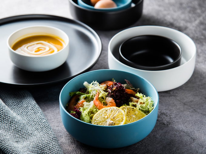 Six Inch Blue Ceramic Mixing Bowl Set , Salad Plate Ceramic Noodle Bowl